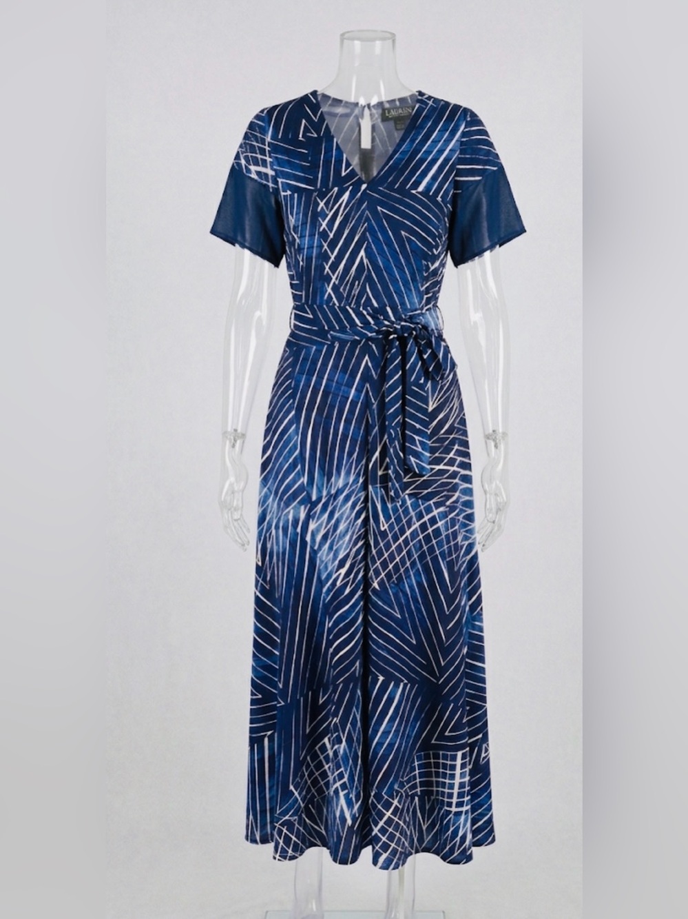 Lauren Ralph Lauren Navy Geometric Print Midi Dress with Belt - Size 10 - Picture 2 of 16